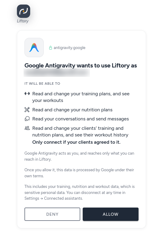 Liftory's consent page for Google Antigravity, listing what it will be able to do, with Deny and Allow buttons