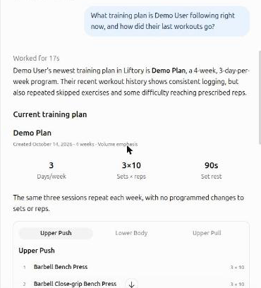 ChatGPT answering a coach with a client's current Liftory plan: days per week, sets and reps, and rest