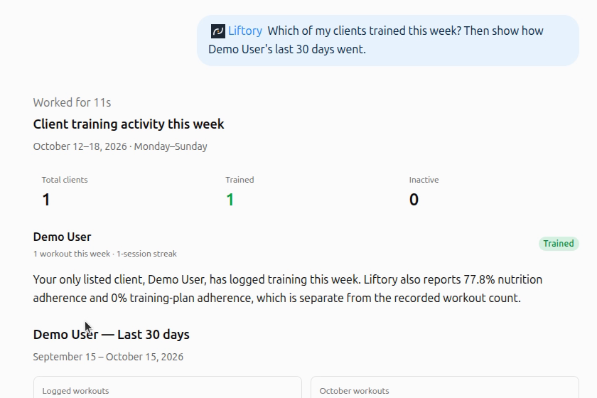 ChatGPT answering a coach: clients who trained this week, then a client's last 30 days with workouts and adherence