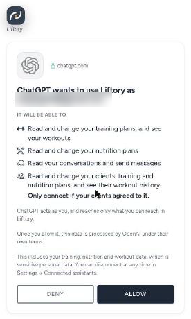 Liftory's consent page for ChatGPT, listing what it will be able to do, with Deny and Allow buttons