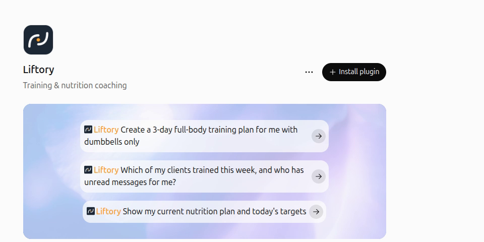 Liftory's page in ChatGPT's Plugins, with Install plugin and three example prompts