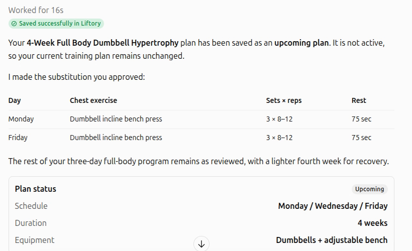 ChatGPT confirming the plan saved in Liftory as an upcoming plan, with its schedule, duration and equipment