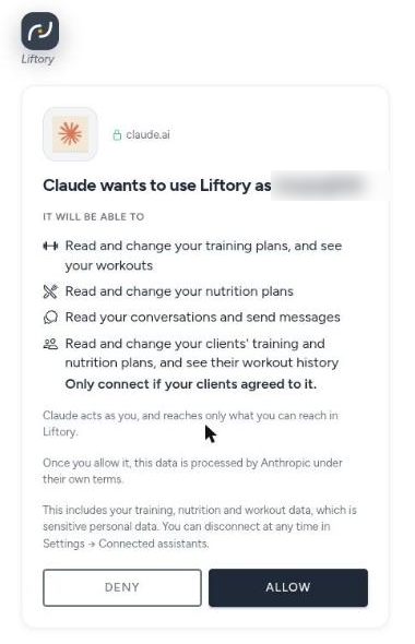 Liftory's consent page for Claude, listing what it will be able to do, with Deny and Allow buttons