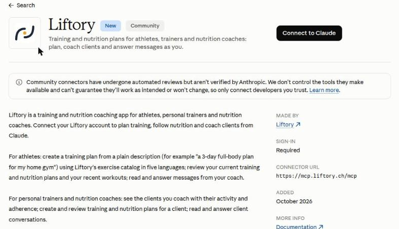 Liftory's listing in Claude's Connectors directory, with its description and the Connect to Claude button