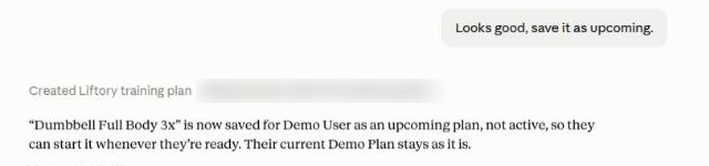 Claude confirming the plan was saved for the client as an upcoming plan, with the current plan left as it is