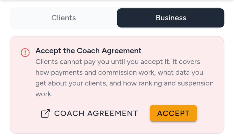 The Business tab with the Accept the Coach Agreement banner, a link to read the agreement and an Accept button