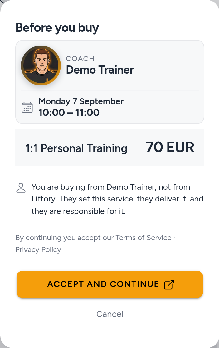 Before you buy: the coach, the hour, the service and its price, a line saying the client buys from the coach and not from Liftory, and Accept and continue