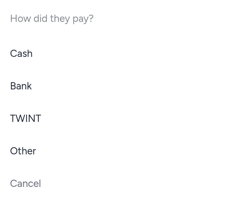 How did they pay? with the choices Cash, Bank, TWINT and Other