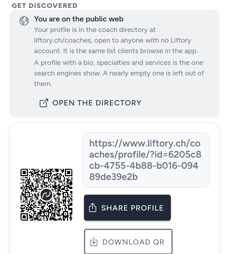Get discovered on the Business tab: your public profile link and QR code, with Share profile and Download QR buttons