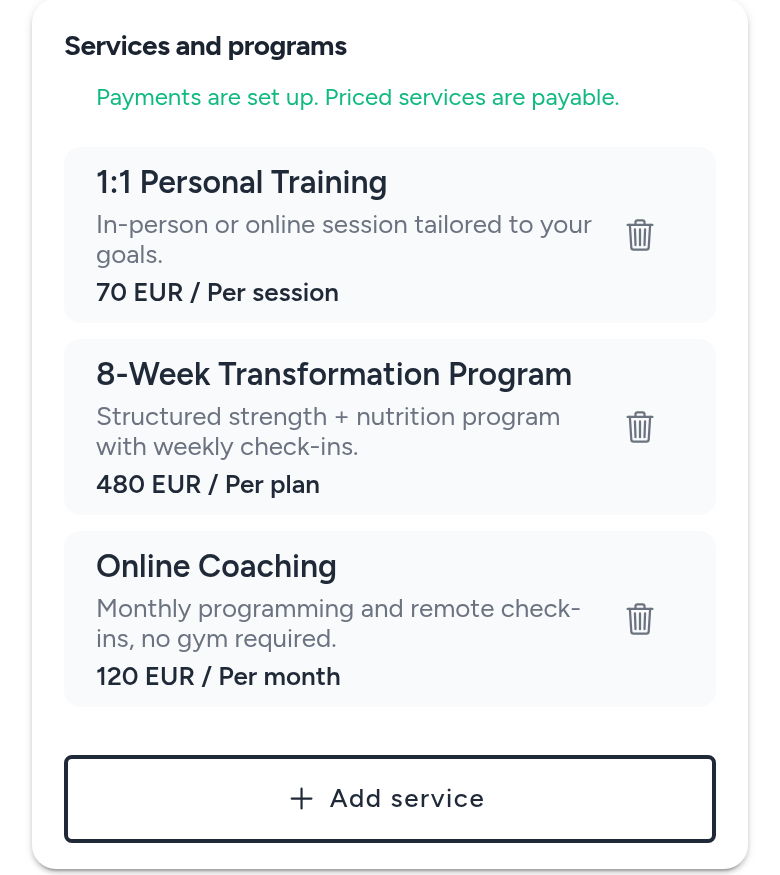 Services and programs: services priced per session, per plan and per month, under a line saying payments are set up