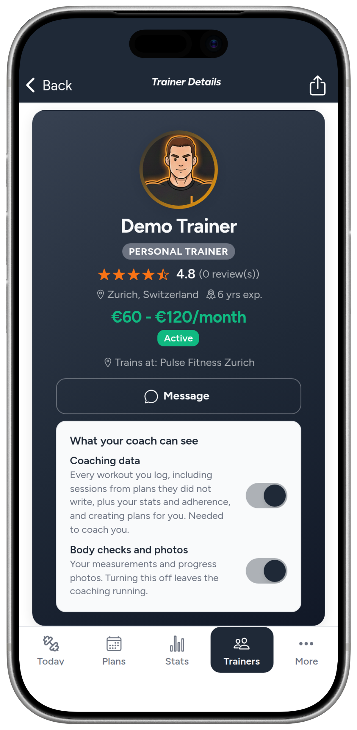 A coach's public profile in Liftory as clients see it: rating, city, price range and the gym they train at